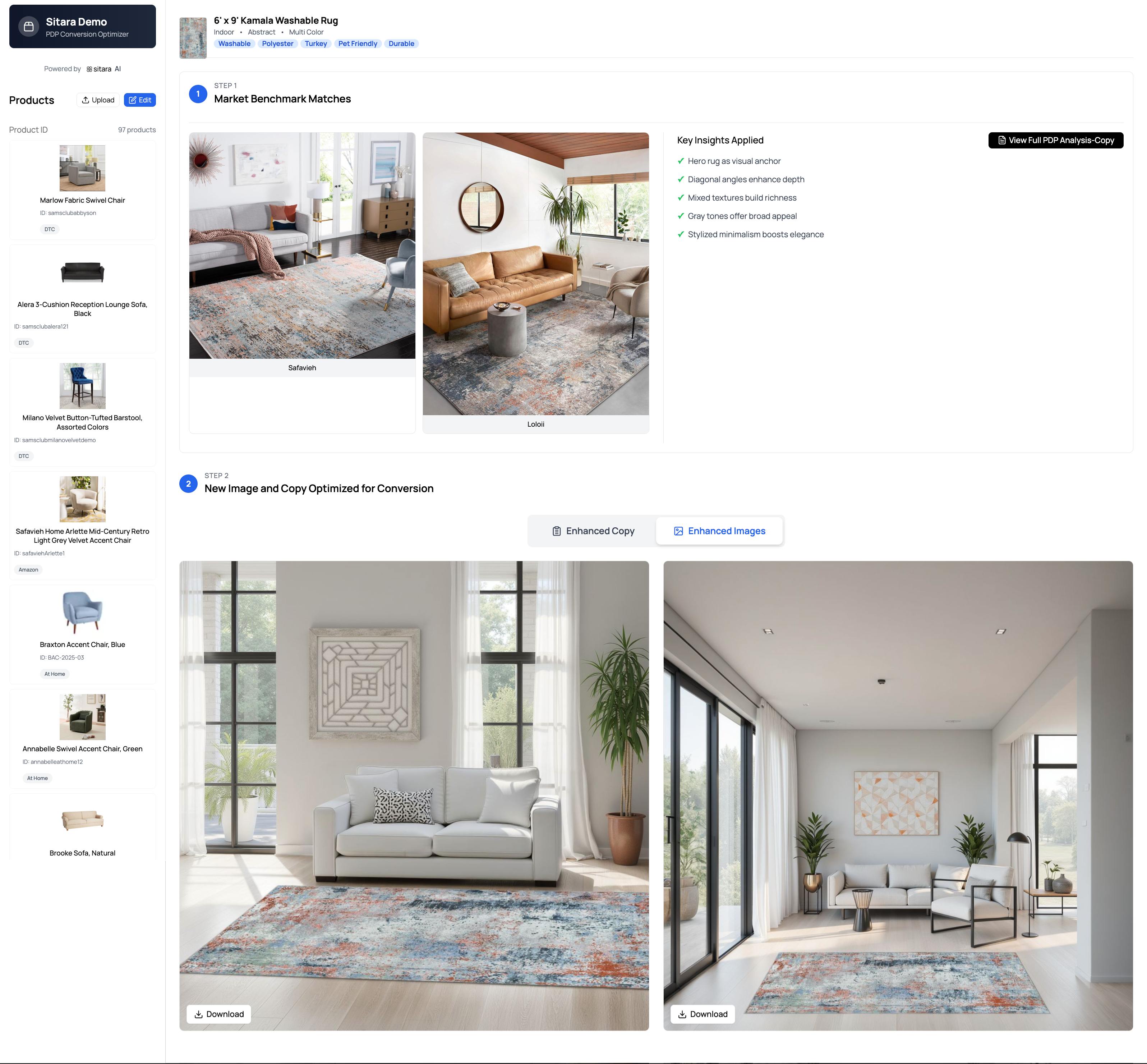 Sitara PDP Conversion Optimizer dashboard showing AI-generated lifestyle imagery and copy optimization for home decor products